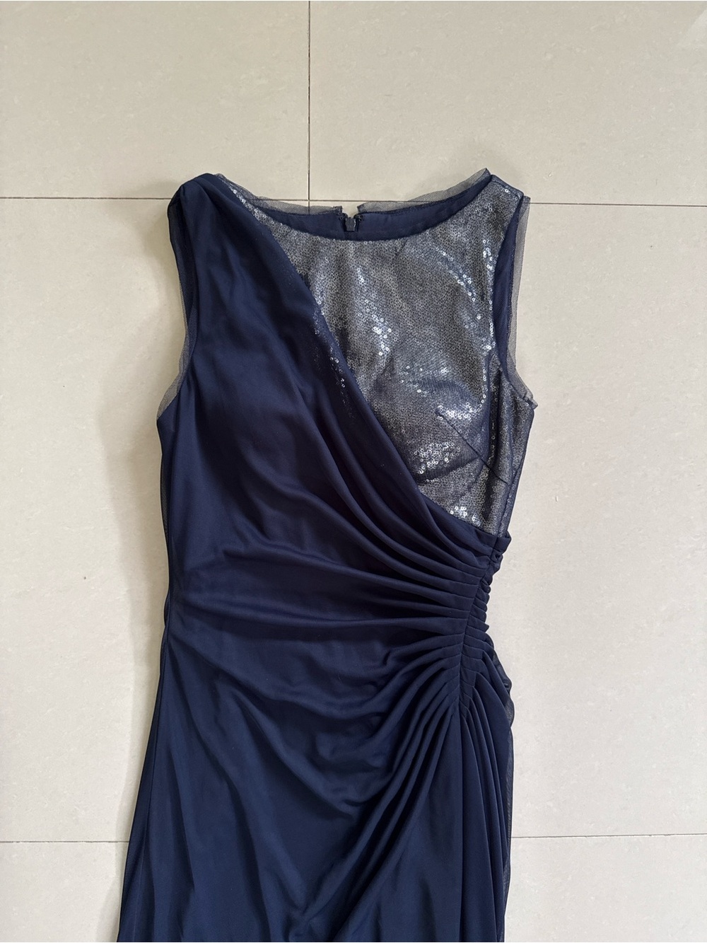 Adrianna Papell Evening Navy Evening Dress with Silver Sequin Bodice